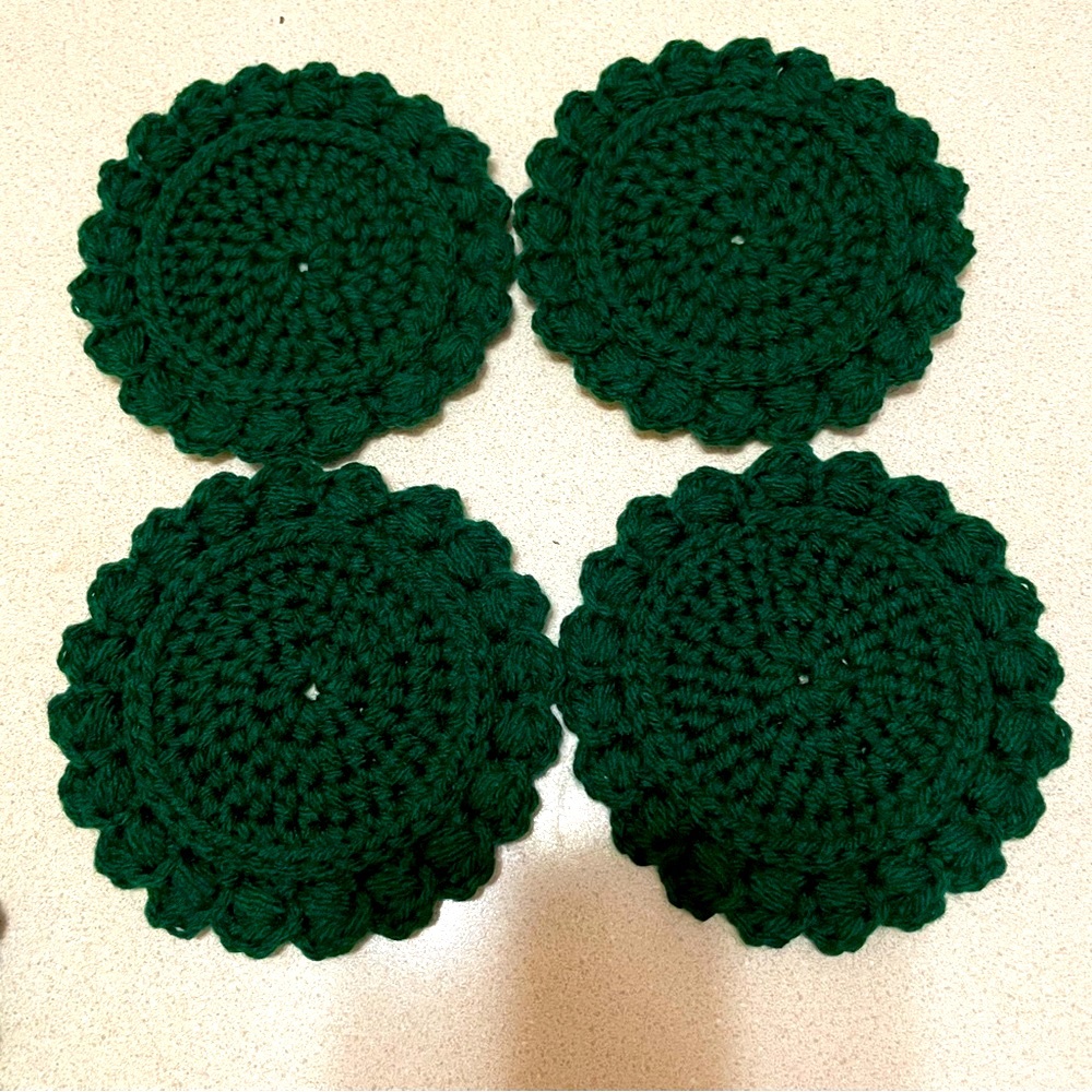Handmade Crocheted Drink Coasters, Green, 4-pc set, 5in diameter